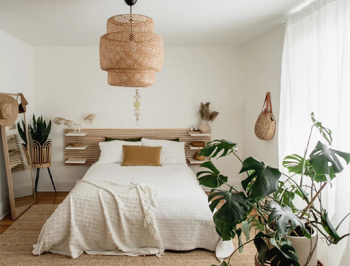 A cozy modern bedroom with natural textures