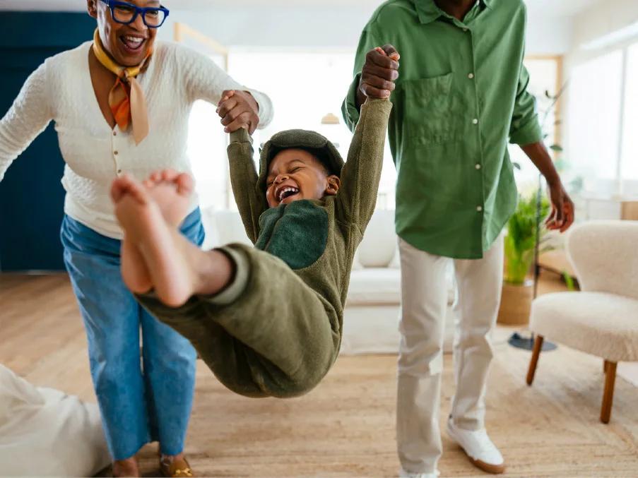 A family playing in a living room